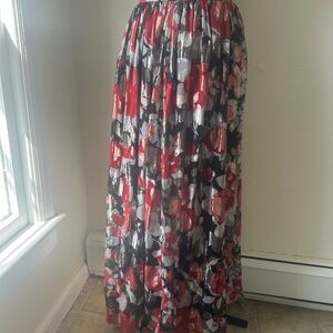 Floral Print Red and Black Pleated Maxi Skirt